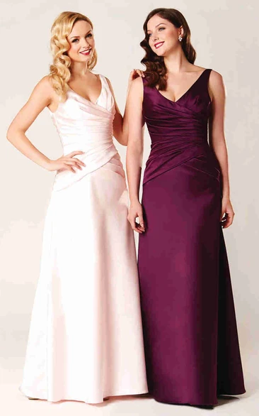 Satin V-Neck Bridesmaid Dress with Ruched Bodice and Lace-Up Back