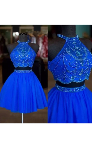 Two Piece Beaded Chiffon Homecoming Dress Short Mini Sleeveless Halter High Neck