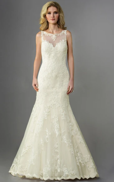 Trumpet Wedding Dress with Bateau Neckline Appliques and Illusion Back