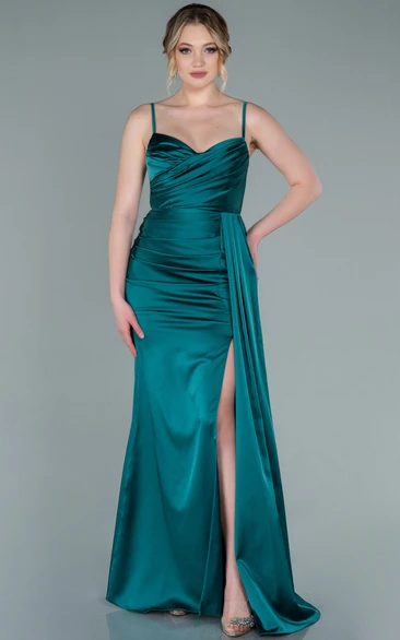 Spaghetti Satin Prom Dress with Split Front and Modern Sheath Fit