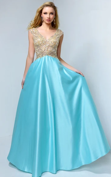 A-Line Satin V-Neck Cap-Sleeve Formal Dress With Beading Low-V Back