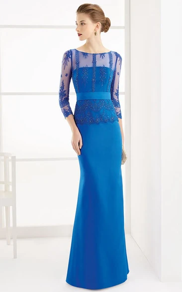 Scoop-Neck Satin Prom Dress with Beading Sheath Appliqued 3-4-Sleeve