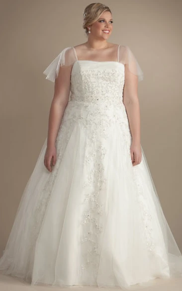 Tulle Appliqued Poet-Sleeve Ball Gown Plus Size Wedding Dress with Beading