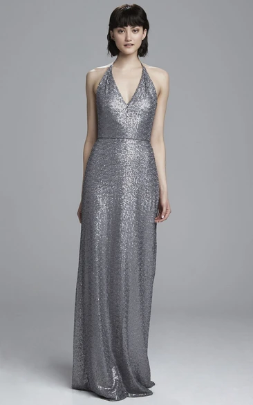 V-Neck Sequin Bridesmaid Dress with Straps and Sleeveless Design