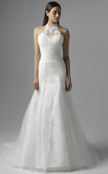Lace Appliqued High Neck A-Line Wedding Dress with Court Train Elegant Bridal Gown