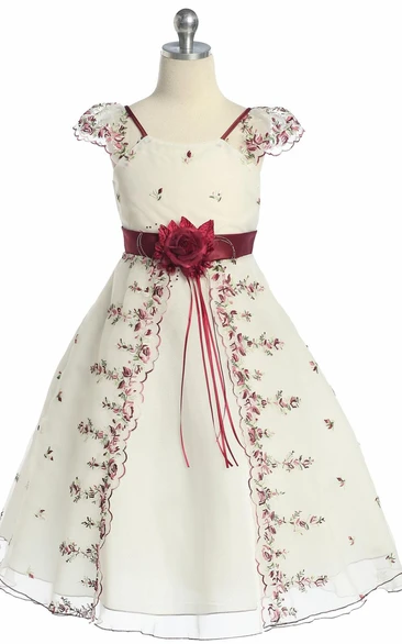 Floral Organza Flower Girl Dress with Embroidery Split Tea-Length