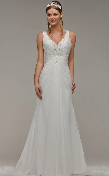 V-Neck Beaded Chiffon Wedding Dress with Ruching and Keyhole Flowy Wedding Dress