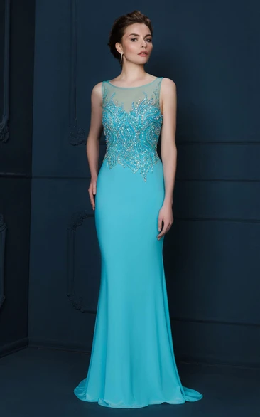 Long Sleeveless Jersey Evening Dress with Beaded Scoop-Neck in Sheath Style