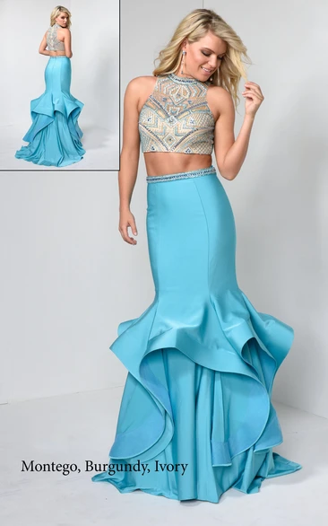 Colorful Sheath Prom Dress with High Neck Beading and Draping