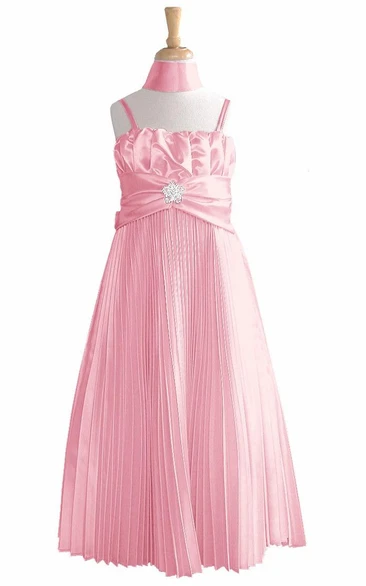 Pleated Satin Cape Flower Girl Dress with Brooch Detail