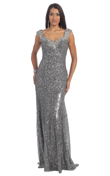 V-Neck Sequin Prom Dress with Pleats and Sleeveless Design