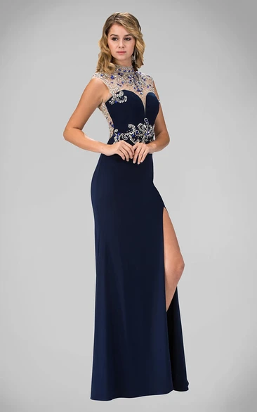 High Neck Sleeveless Jersey Formal Dress with Beading and Split Front Sheath Keyhole