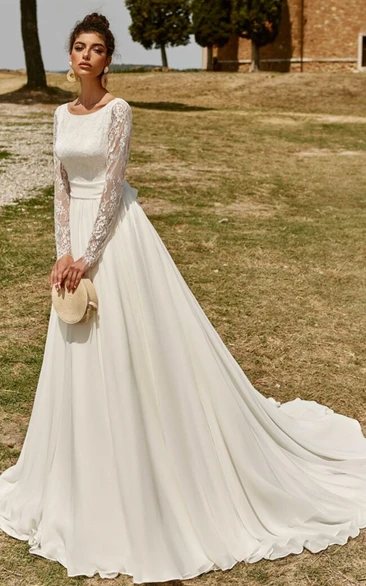 Romantic Lace Chiffon A-Line Wedding Dress with Bateau Neckline and Sash