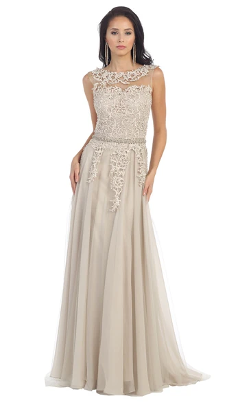 A-Line Tulle Lace Formal Dress with Scoop Neck and Low-V Back