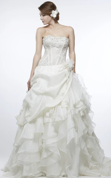 Organza Cascading-Ruffle Strapless A-Line Wedding Dress with Pick Up and Flower