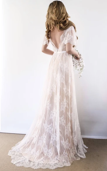 Bohemian Beach A-line V-neck Elegant Bell Illusion Lace Trailing Wedding Dress with Petals