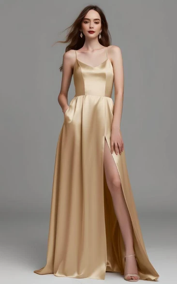 Satin A-line Evening Dress with Spaghetti Straps and Open Back Simple Evening Dress with Satin and A-line Silhouette