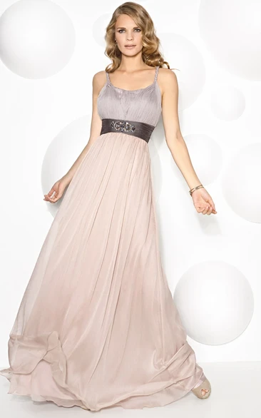 Strapped Sleeveless Maxi A-Line Prom Dress with Ruched Pleats and Beading Flowy Prom Dress