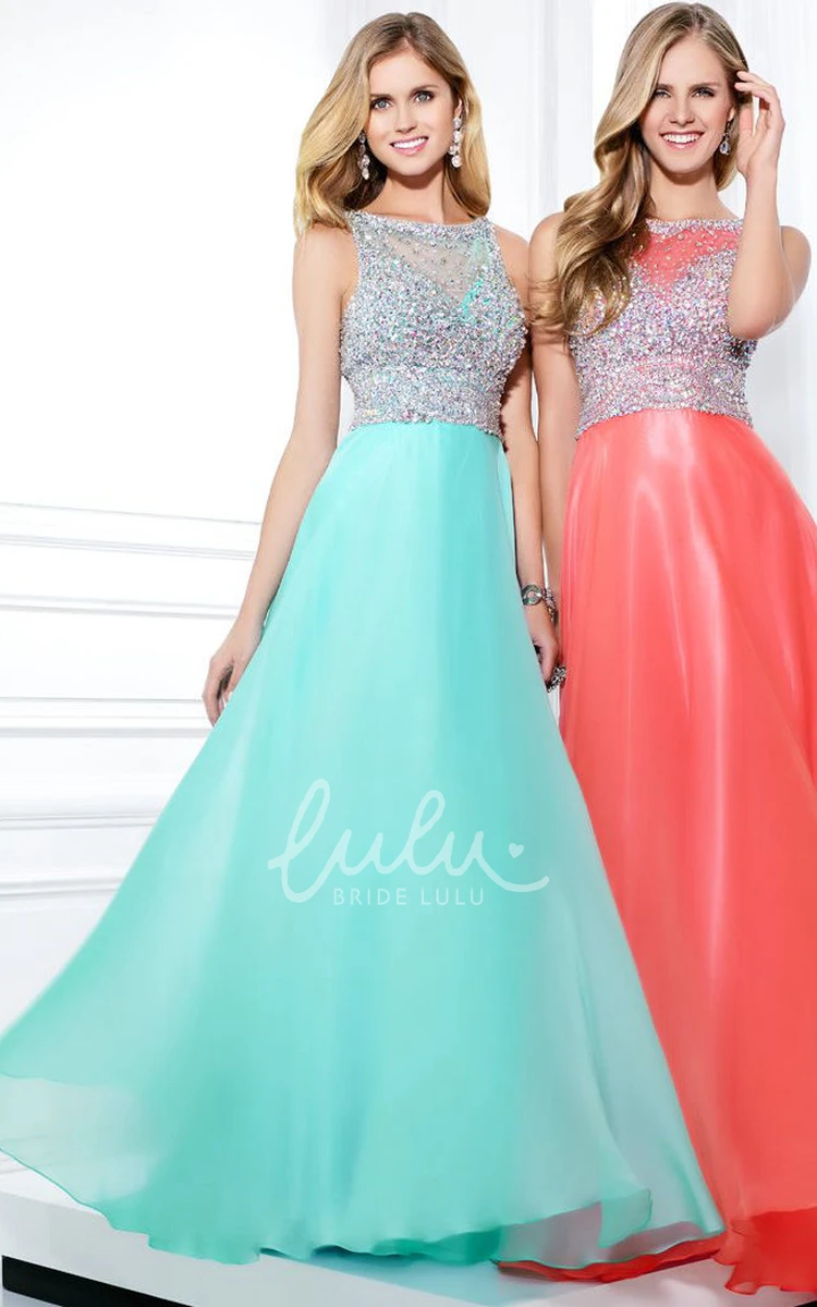 Jewel Neck Chiffon A-Line Prom Dress Sleeveless Illusion Back