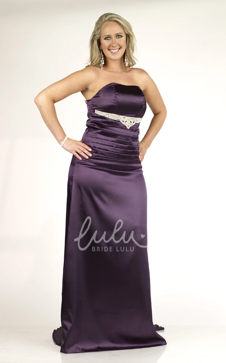 Satin Strapless Ruched Sheath Formal Dress with Jeweled Back