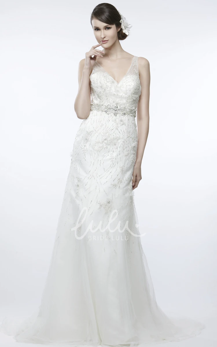 V-Neck Beaded Tulle Wedding Dress Sleeveless A-Line Maxi with Low-V Back