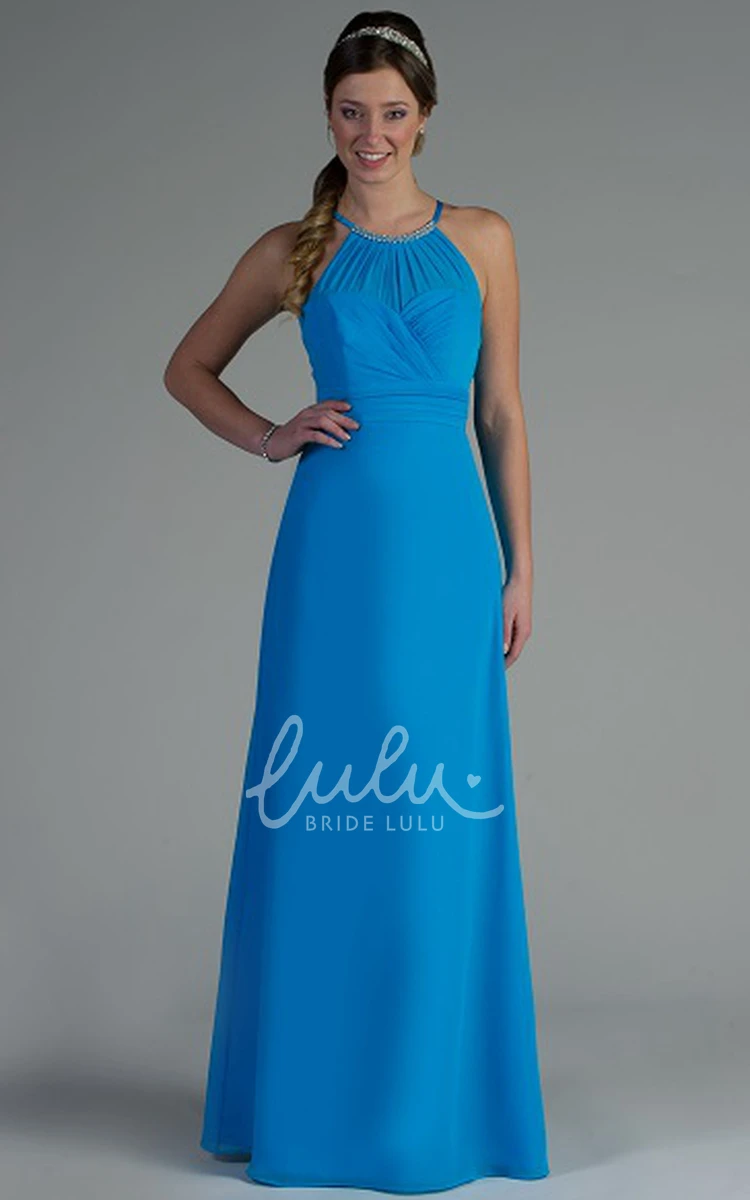 Long Chiffon Bridesmaid Dress with Back Keyhole Crystal High Neck A-Line