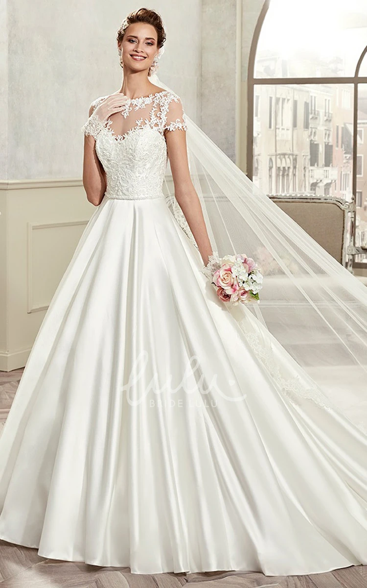 A-Line Wedding Dress with T-Shirt Sleeves and Pleated Satin Jewel-Neck Style