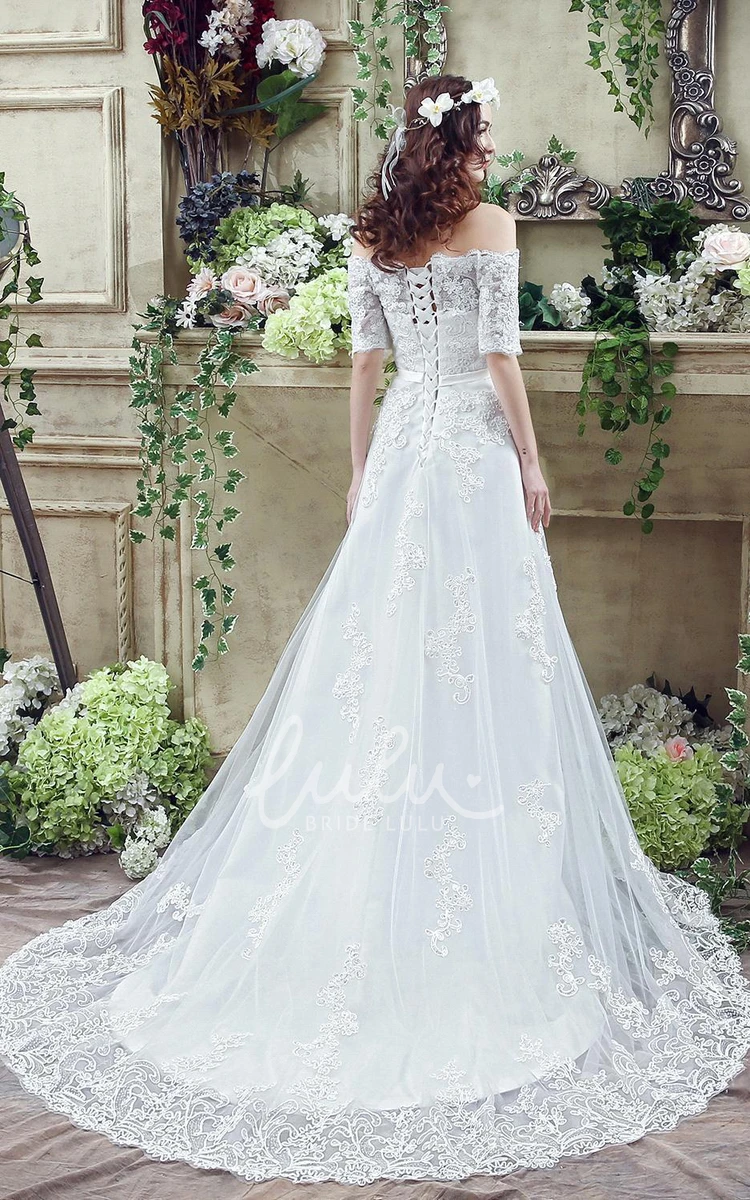 Off-Shoulder Lace Applique Wedding Dress with Bowknot and Lace-Up