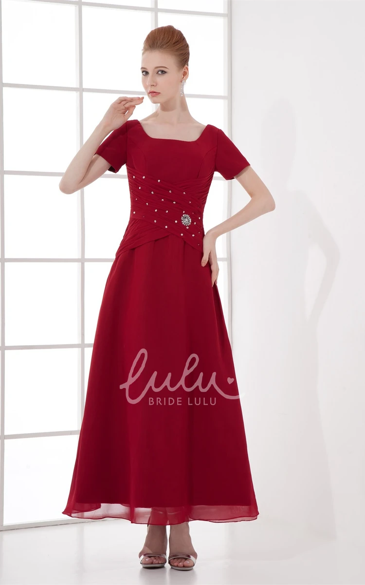 Short Sleeve Square Neck Bridesmaid Dress with Broach and Ruching Ankle Length