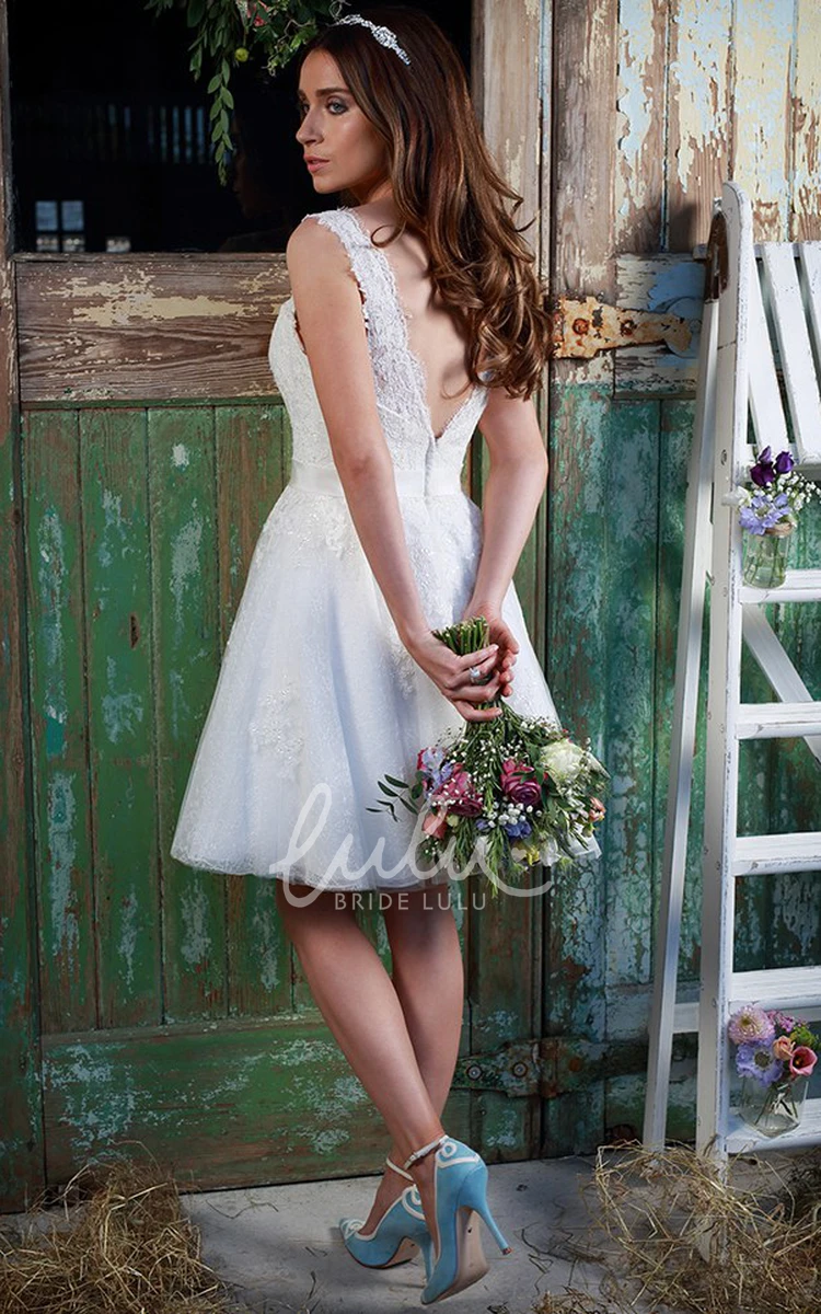 Short Sleeveless Square-Neck Jeweled Lace Wedding Dress Classy A-Line Bridal Gown