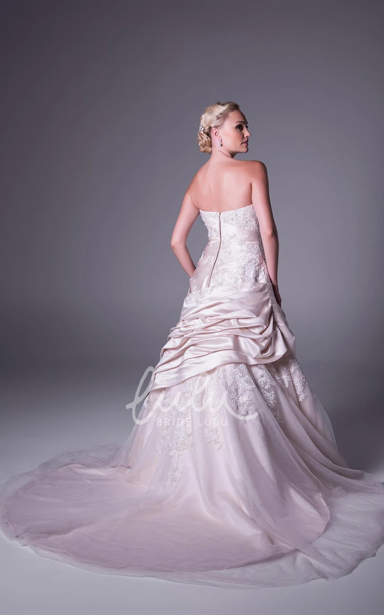 Strapless Satin&Tulle A-Line Wedding Dress with Appliques and Pick-Up Skirt