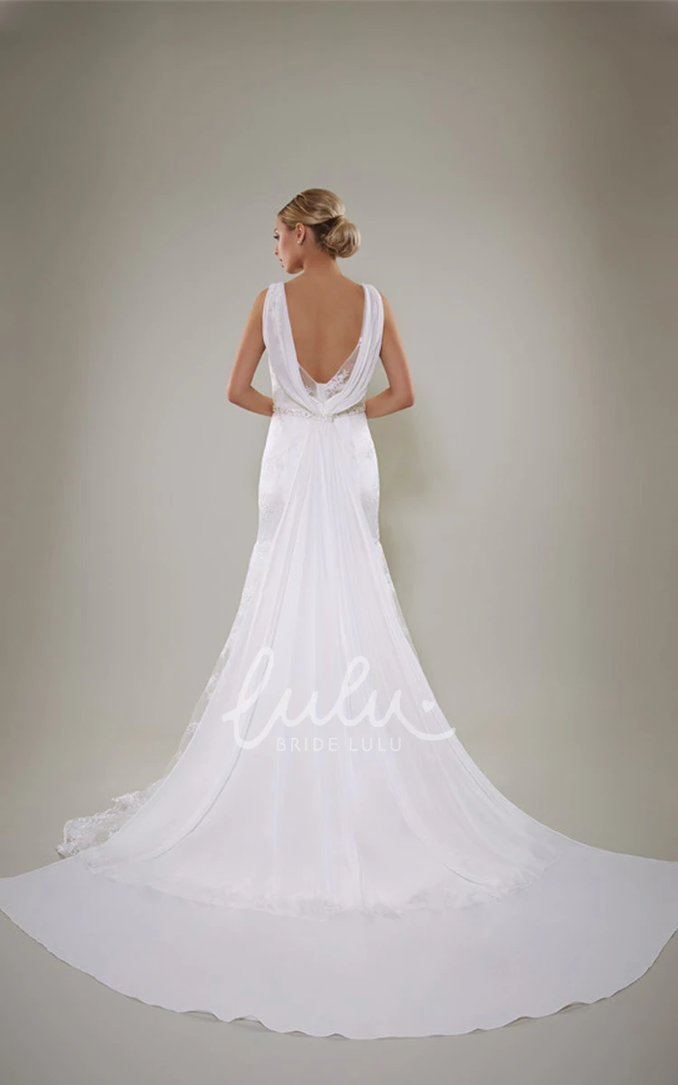 Appliqued Satin Sheath Wedding Dress with Low-V Back and Waist Jewelry