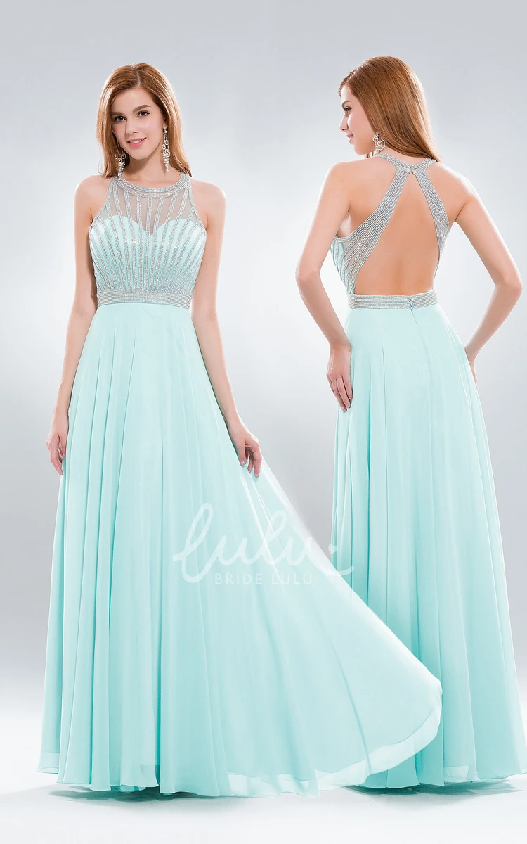 A-Line Chiffon Beaded Formal Dress with Scoop Neck and Pleats