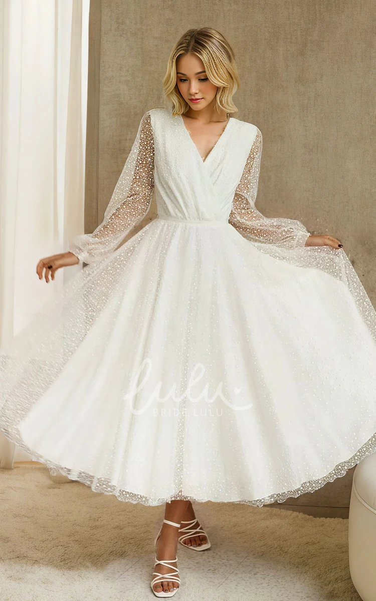 Vintage A-Line V-neck Tea-length Simple Adorable Long Sleeve Petite Wedding Dress with Button Back Sash