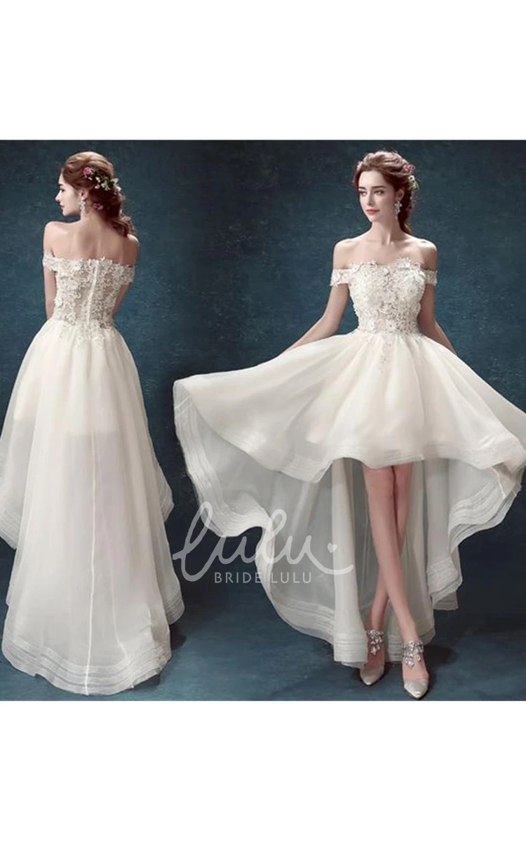 High-Low Off-the-Shoulder Lace Organza Formal Dress with Cap Sleeves