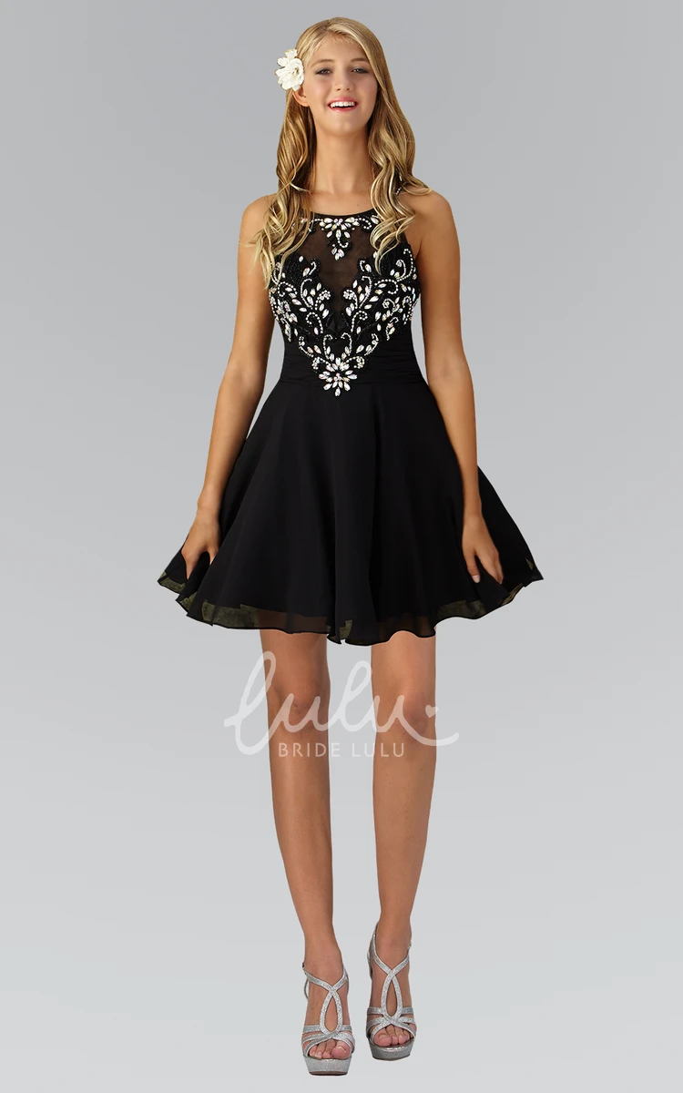 Chiffon Crystal A-Line Mini Dress with Scoop-Neck Formal Dress