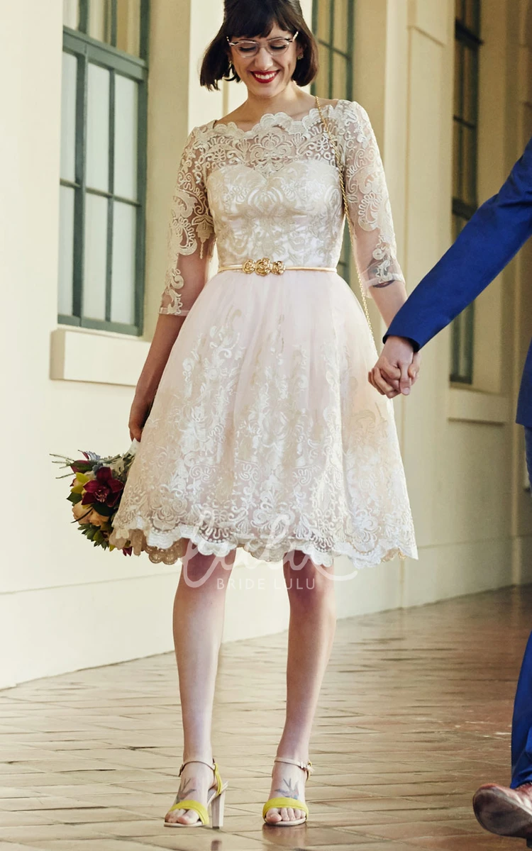 Lace Illusion Knee-Length Wedding Dress with Long Sleeves Elegant Bridal Dress