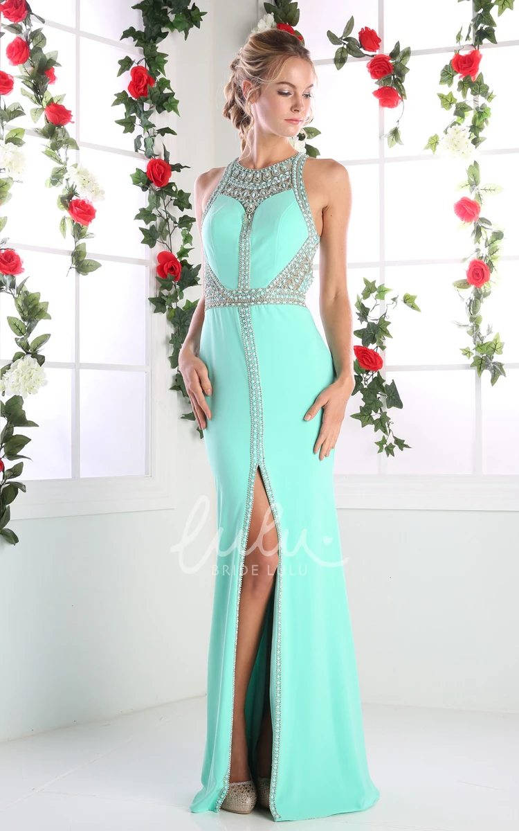 Jersey Sheath Dress with Straps and Split Front Flowy Sleeveless Formal Dress