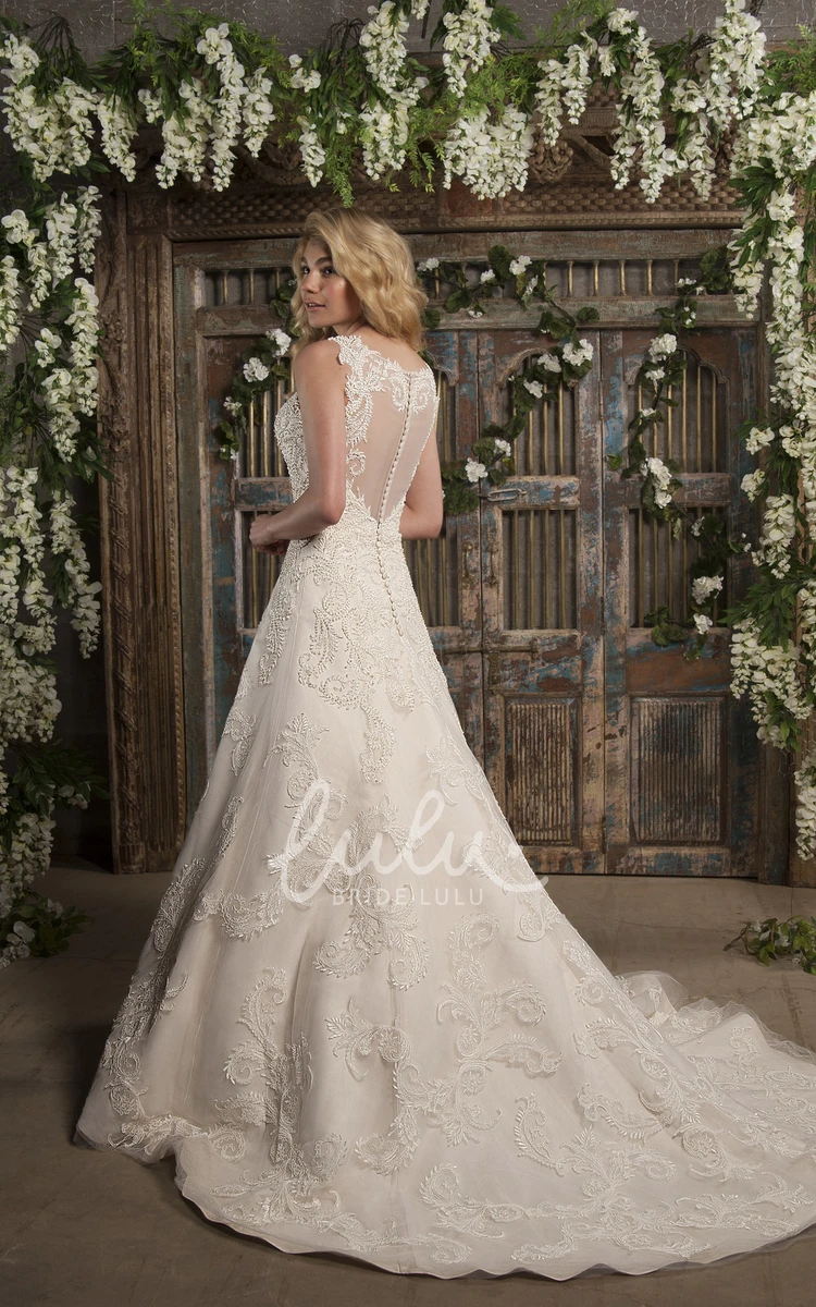 Bateau Neck Lace Appliqued Sleeveless A-Line Wedding Dress Court Train