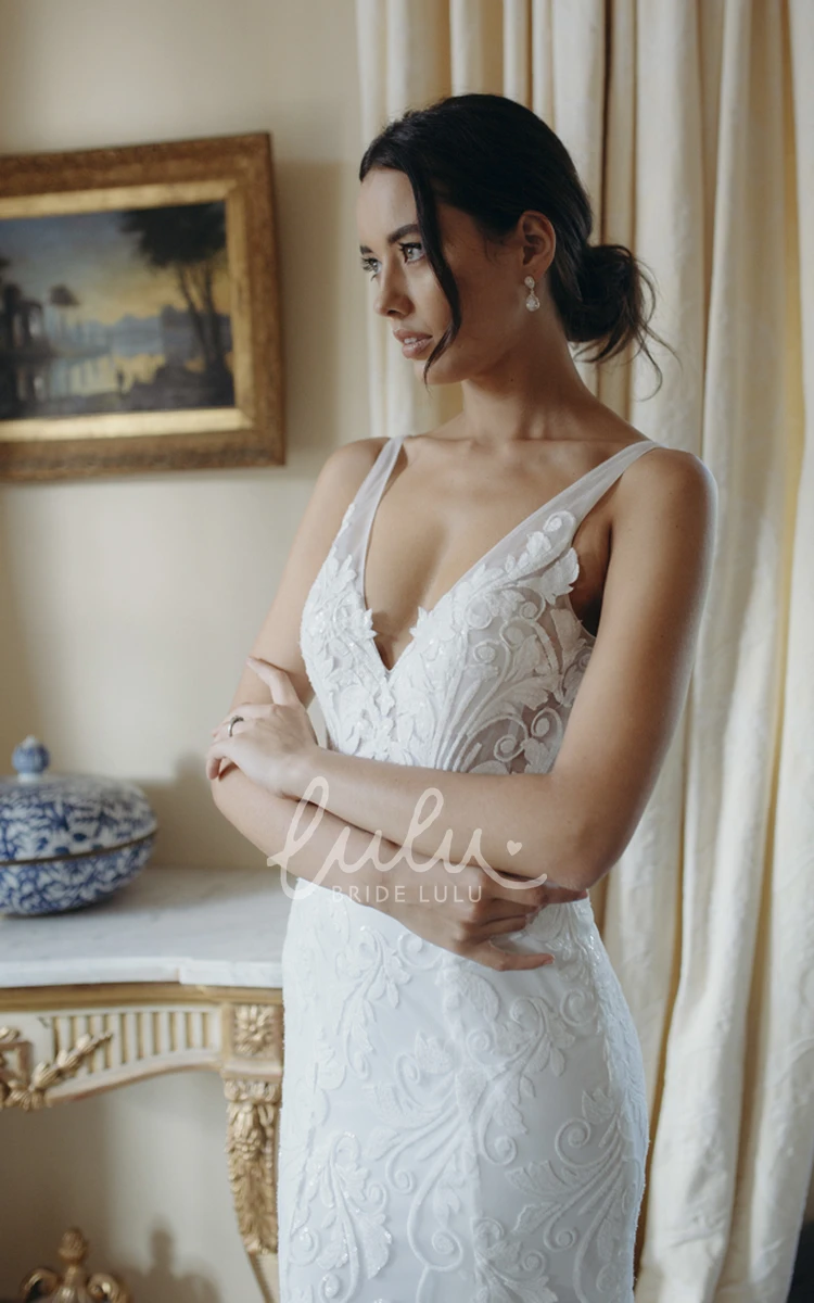 Mermaid Lace Wedding Dress with Deep V-Back and Court Train