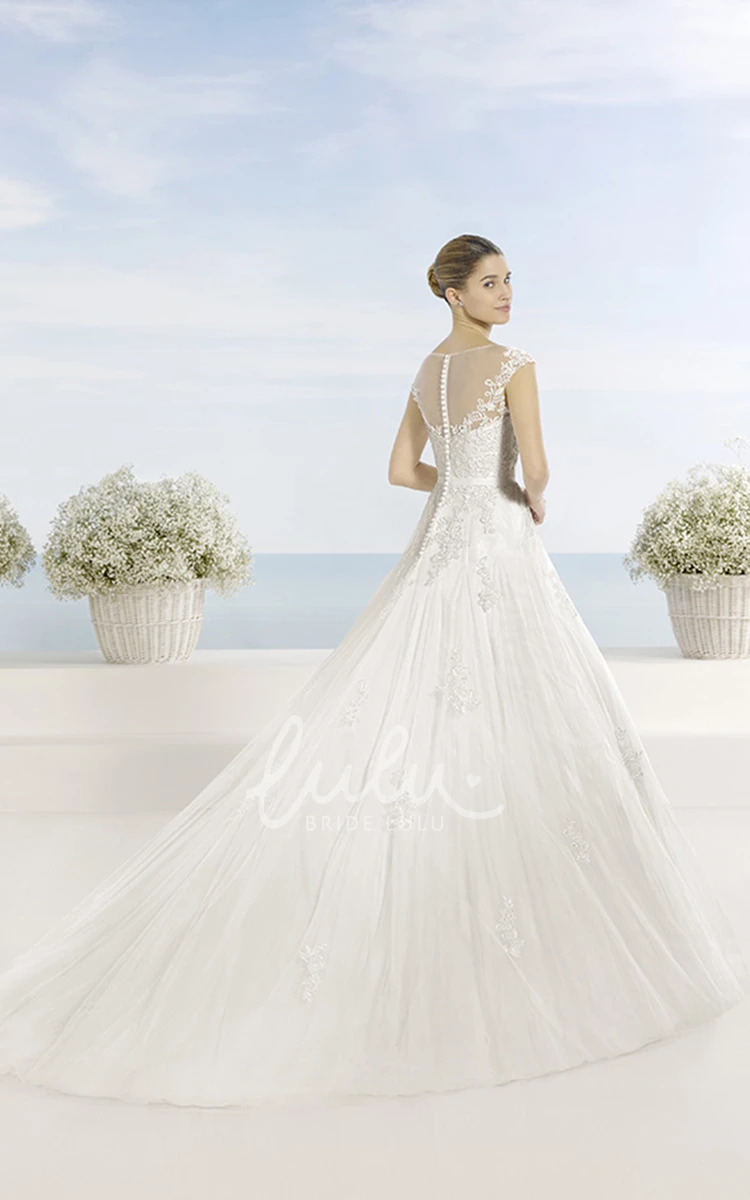 Bateau-Neck Tulle Ball Gown Wedding Dress with Short Sleeves and Illusion