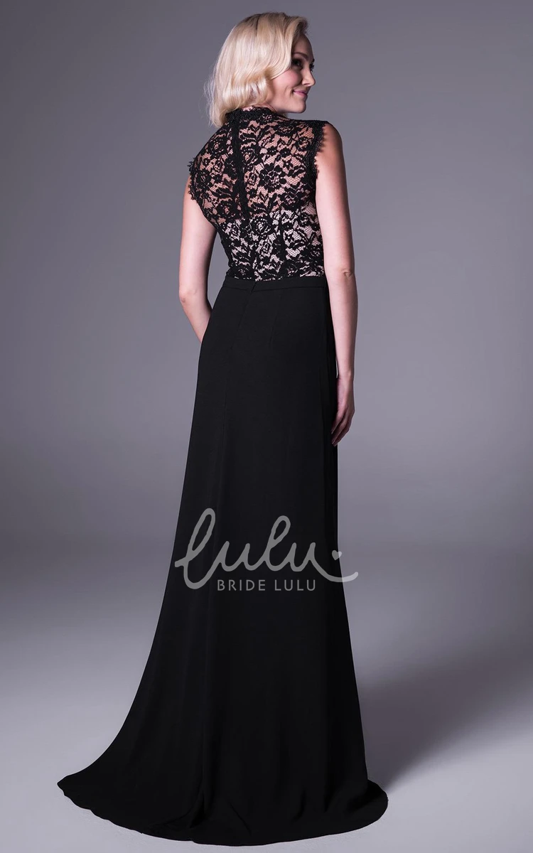 High-Neck Sleeveless Chiffon&Lace Prom Dress Sheath Maxi Split-Front Dress