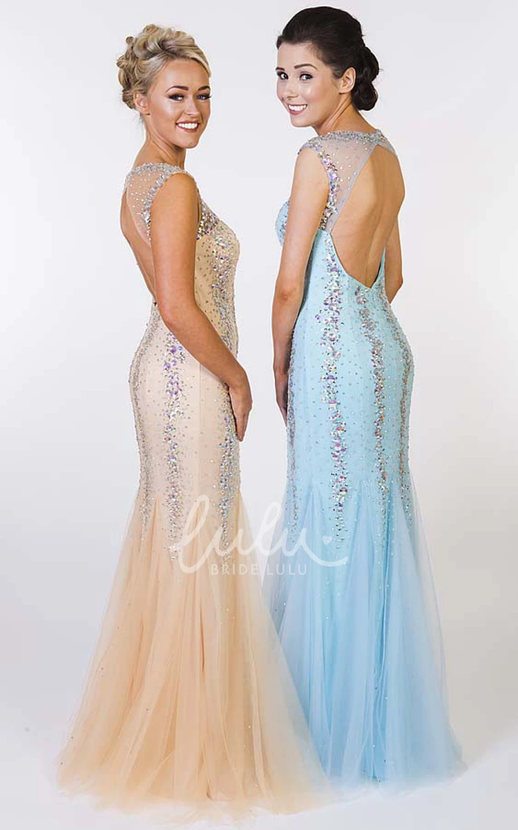 Sleeveless Beaded Sheath Tulle Prom Dress Scoop-Neck Floor-Length