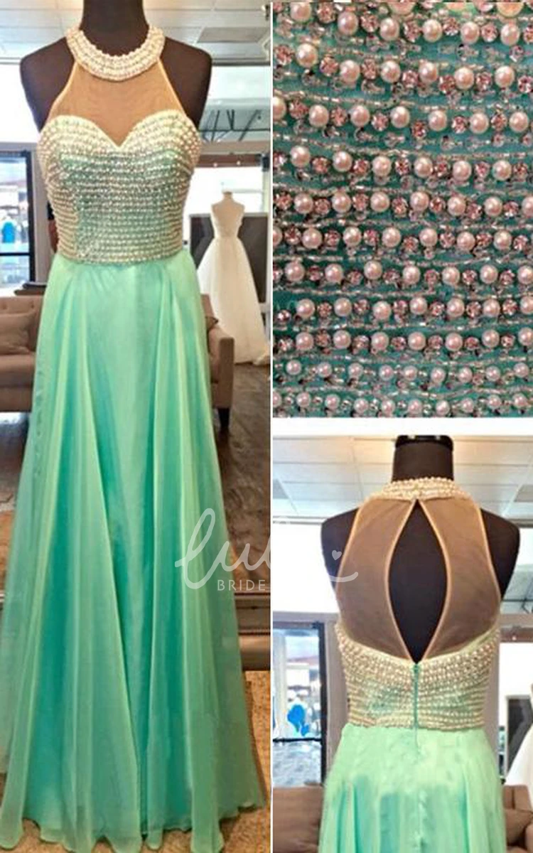 Elegant High-Neck Beaded Chiffon Prom Dress Sleeveless Women's Formal Gown