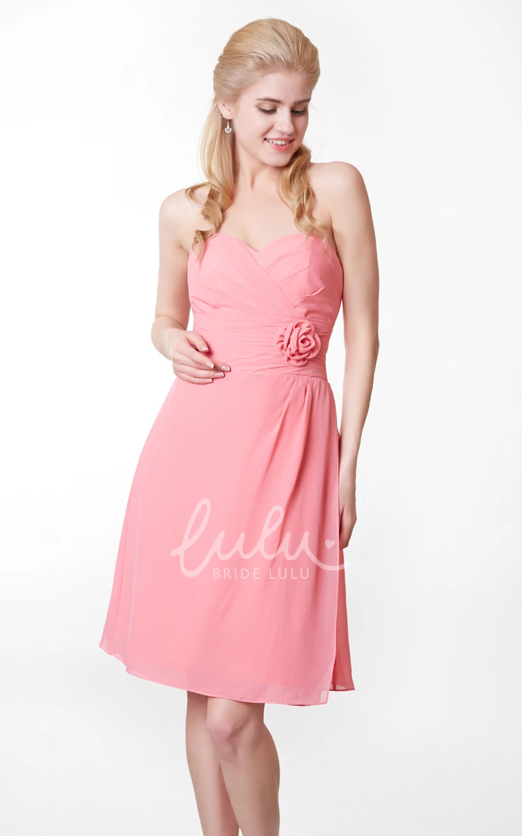 Short Chiffon Dress with Flower and Draping Sweetheart Bridesmaid Dress