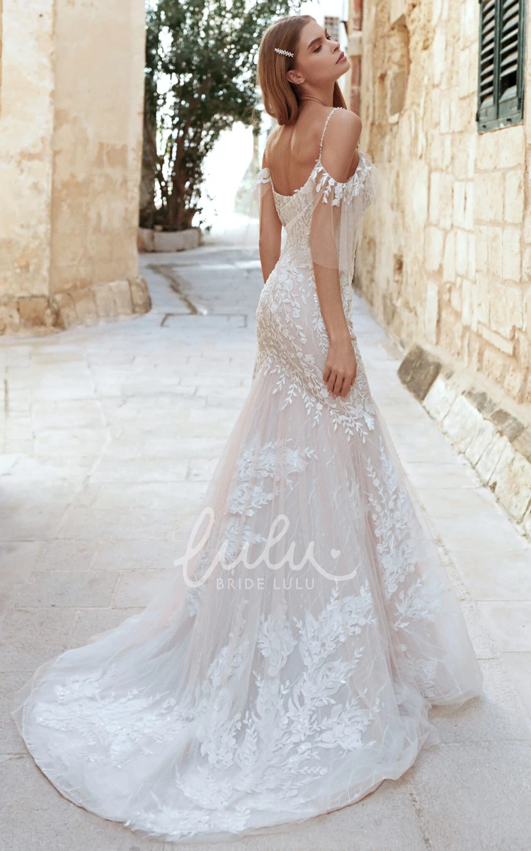 Romantic Tulle Mermaid Wedding Dress with Sweep Train & Short Sleeves