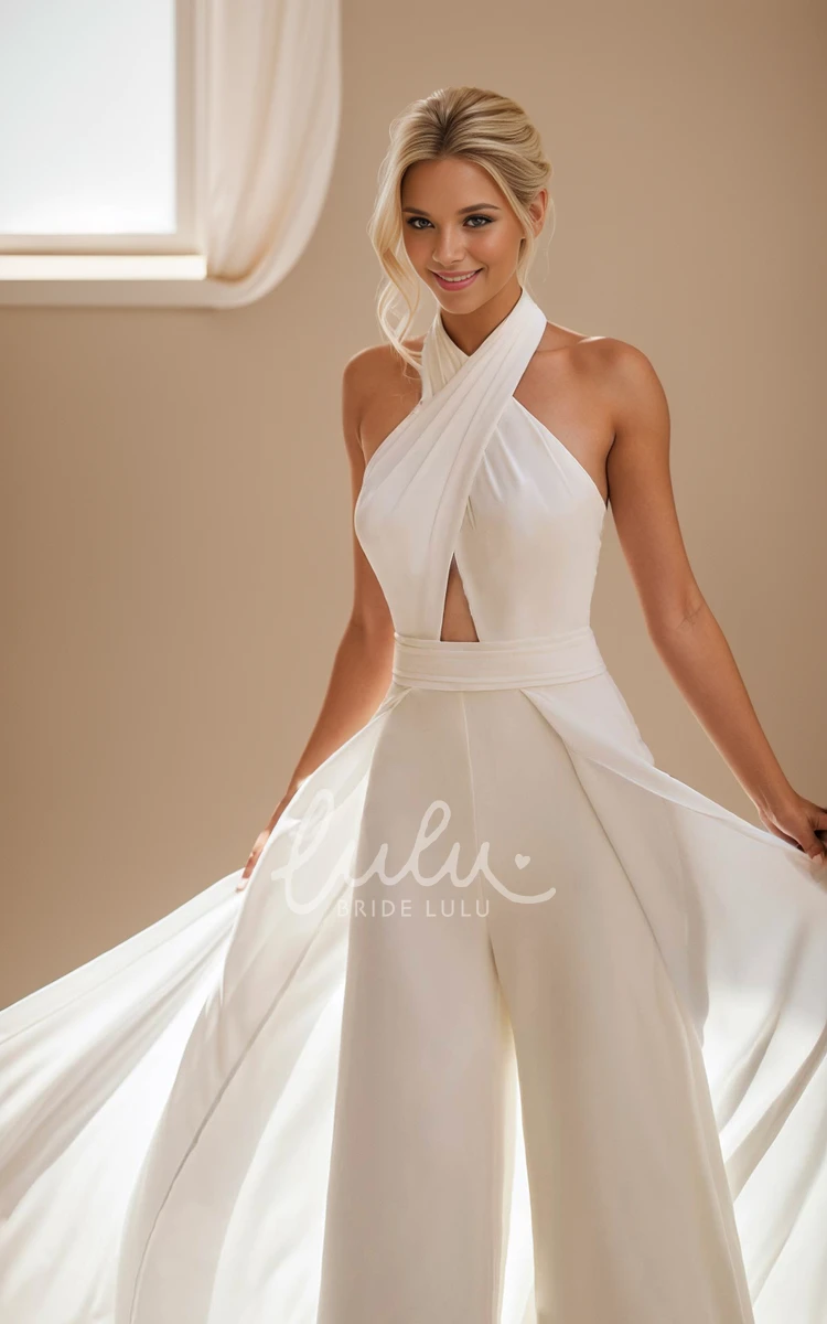 Modern Sexy A-Line Jumpsuit Halter Neckline Removable Train Wedding Dress Minimalist Flowy Civil Courthouse Maxi Bridal Gown