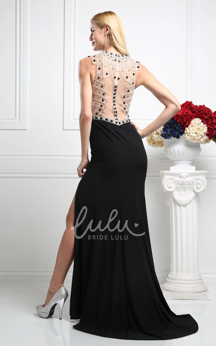 Jewel-Neck Sheath Formal Dress with Illusion Split Front and Beading