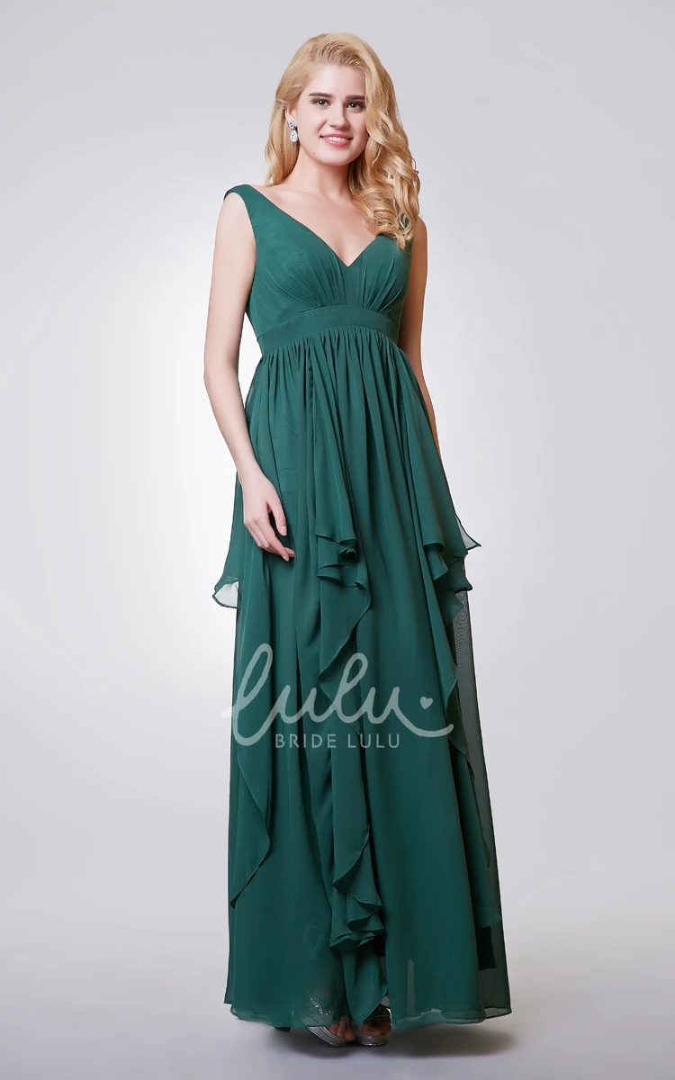 Long Chiffon A-line Bridesmaid Dress with V-neck Sleeveless and Tiers