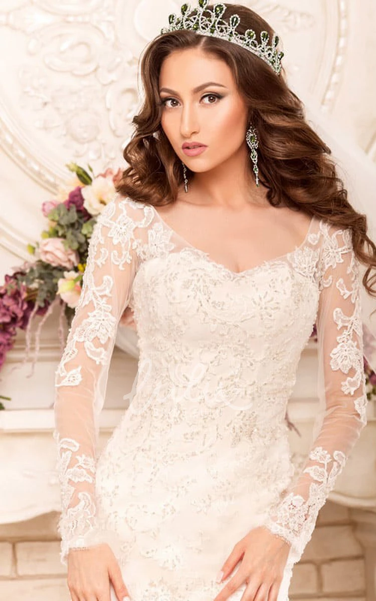 V-Neck Lace Mermaid Prom Dress with Long Sleeves and Deep V-Back